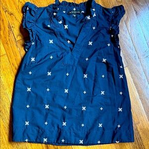 Navy Blue Embroidered Women's Top V neck sleeveless ruffle lagenlook preppy